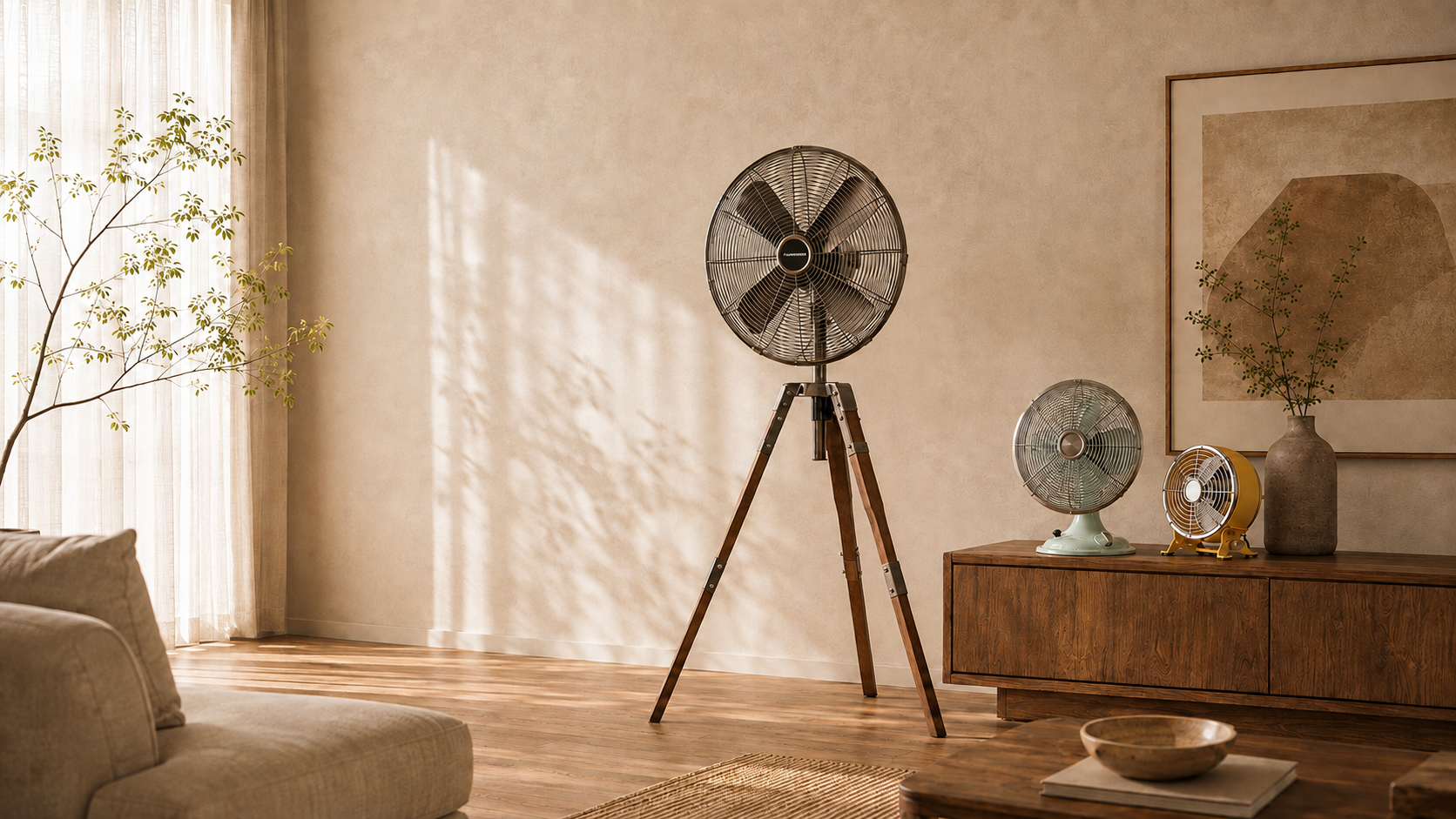 FANNIVERSE tripod and tabletop fans in a sunlit living room