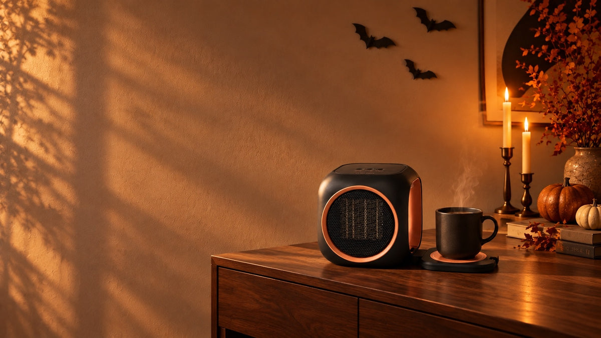 Black FANNIVERSE Cube heater with a mug on its fold-out warmer, surrounded by warm Halloween decor