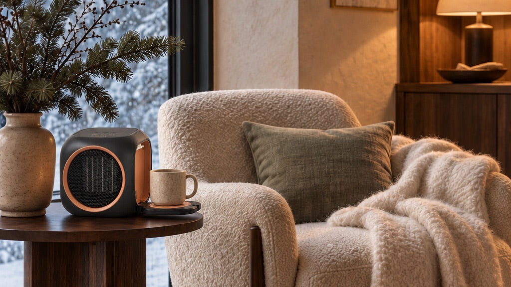 Warm winter reading corner overlooking a snow-covered forest